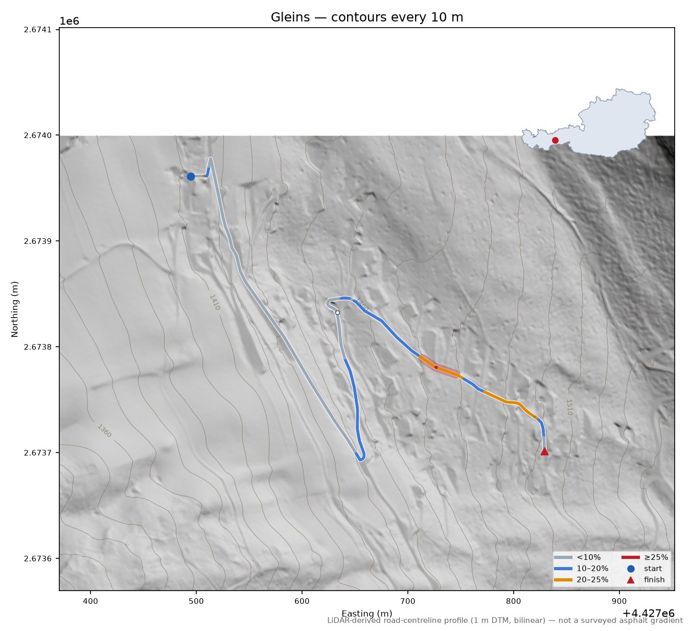 Gleins LiDAR hillshade map with contours