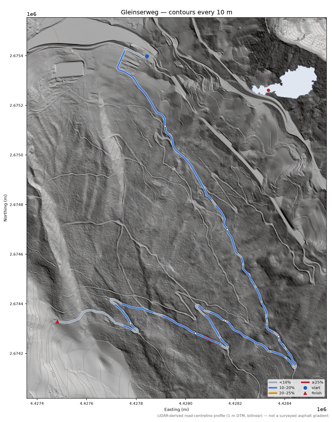 Gleinserweg LiDAR hillshade map with contours