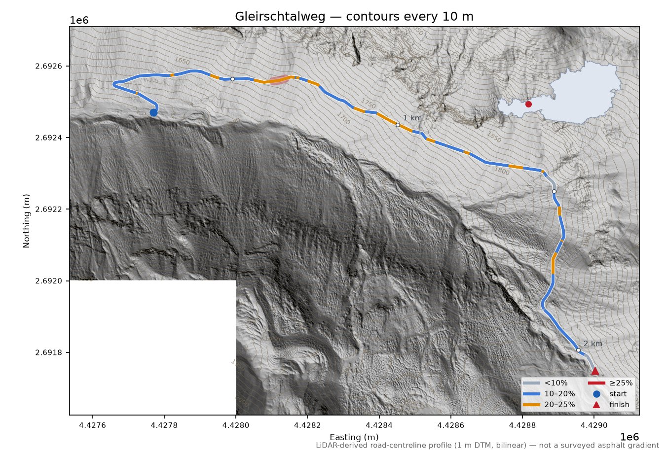 Gleirschtalweg LiDAR hillshade map with contours