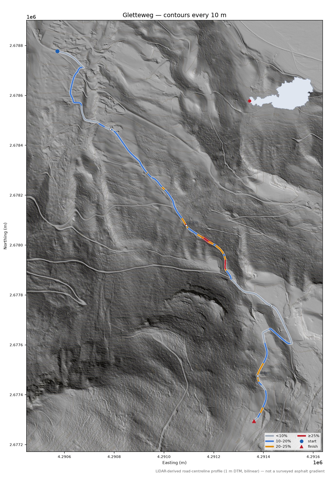 Gletteweg LiDAR hillshade map with contours