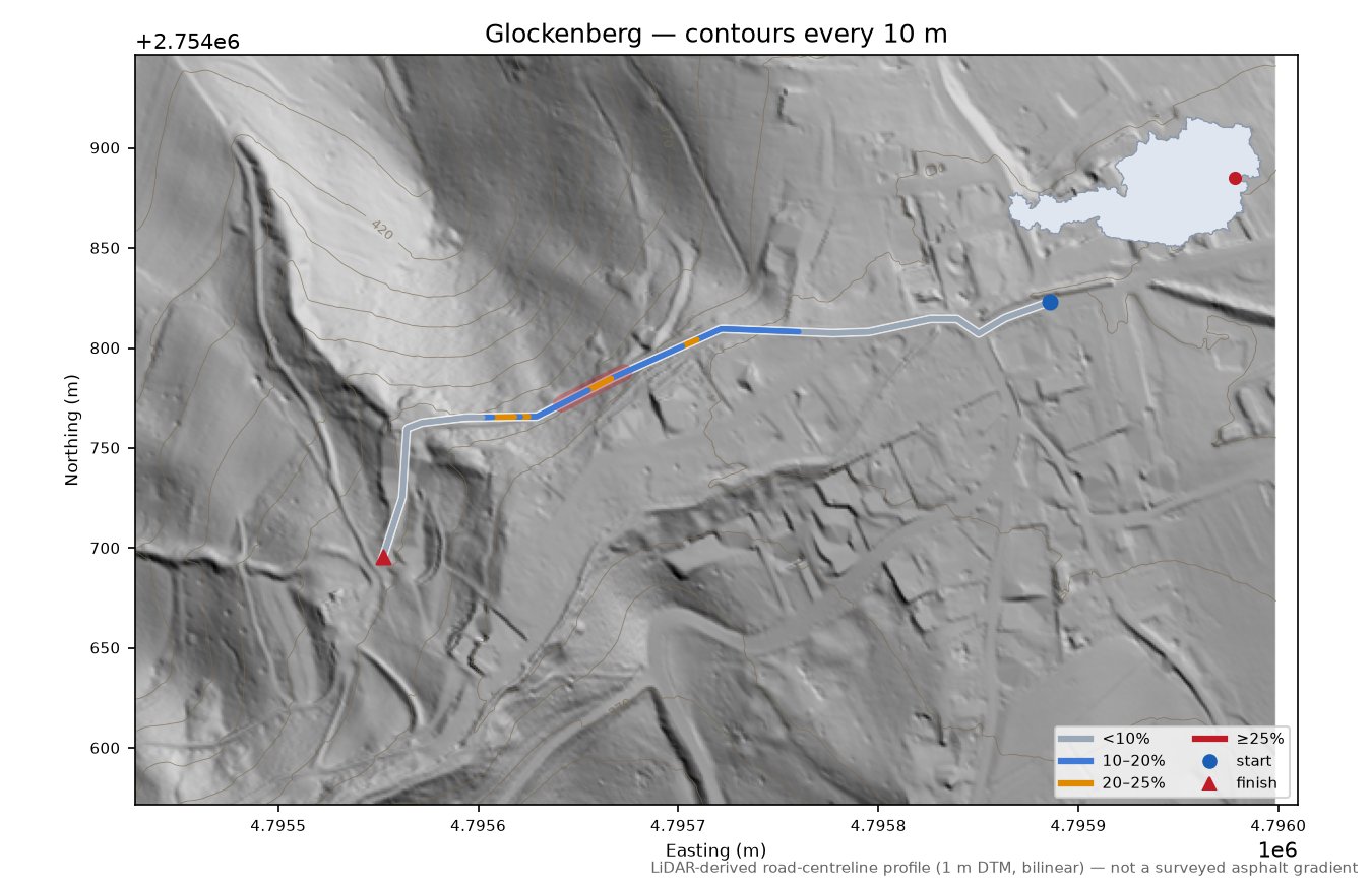 Glockenberg LiDAR hillshade map with contours