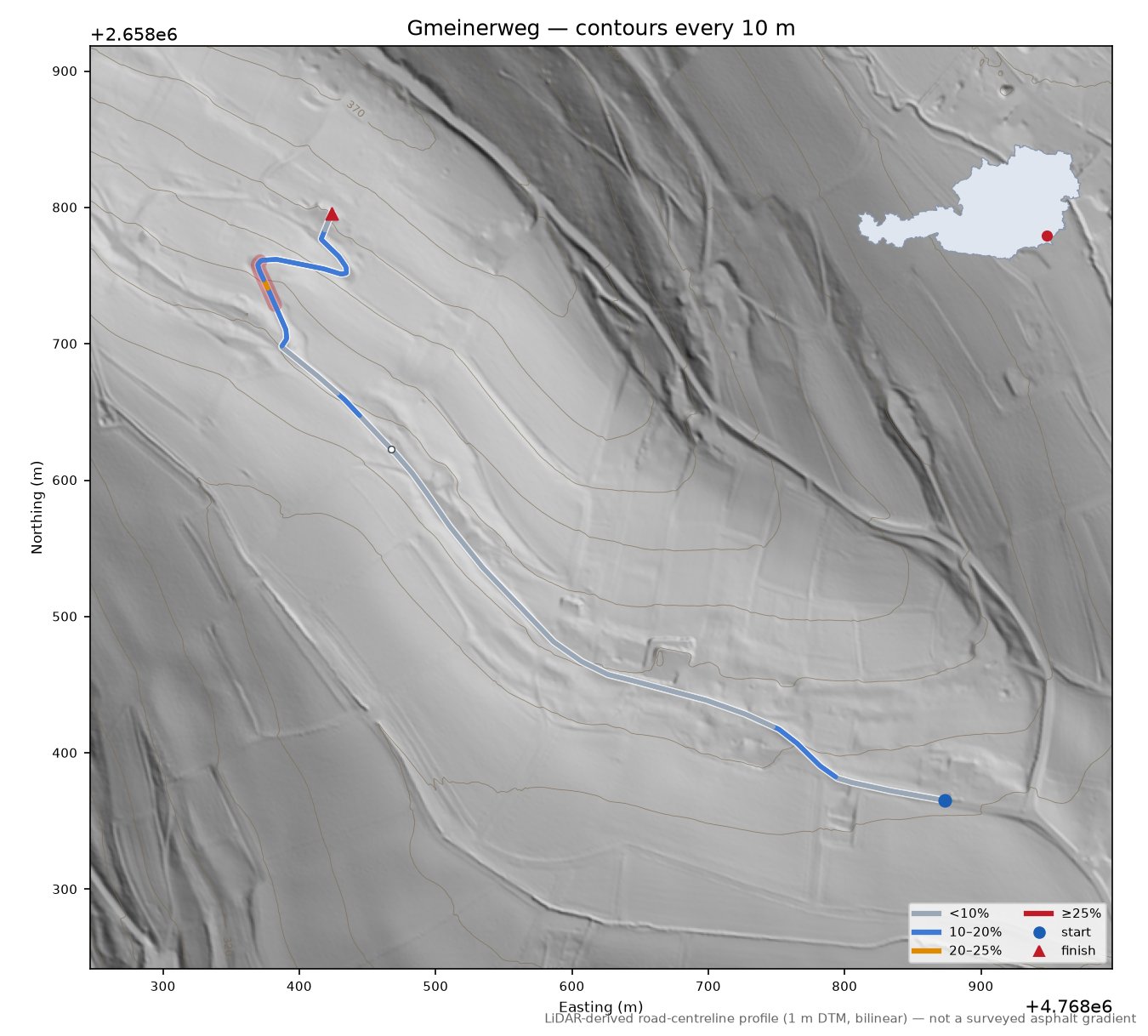 Gmeinerweg LiDAR hillshade map with contours
