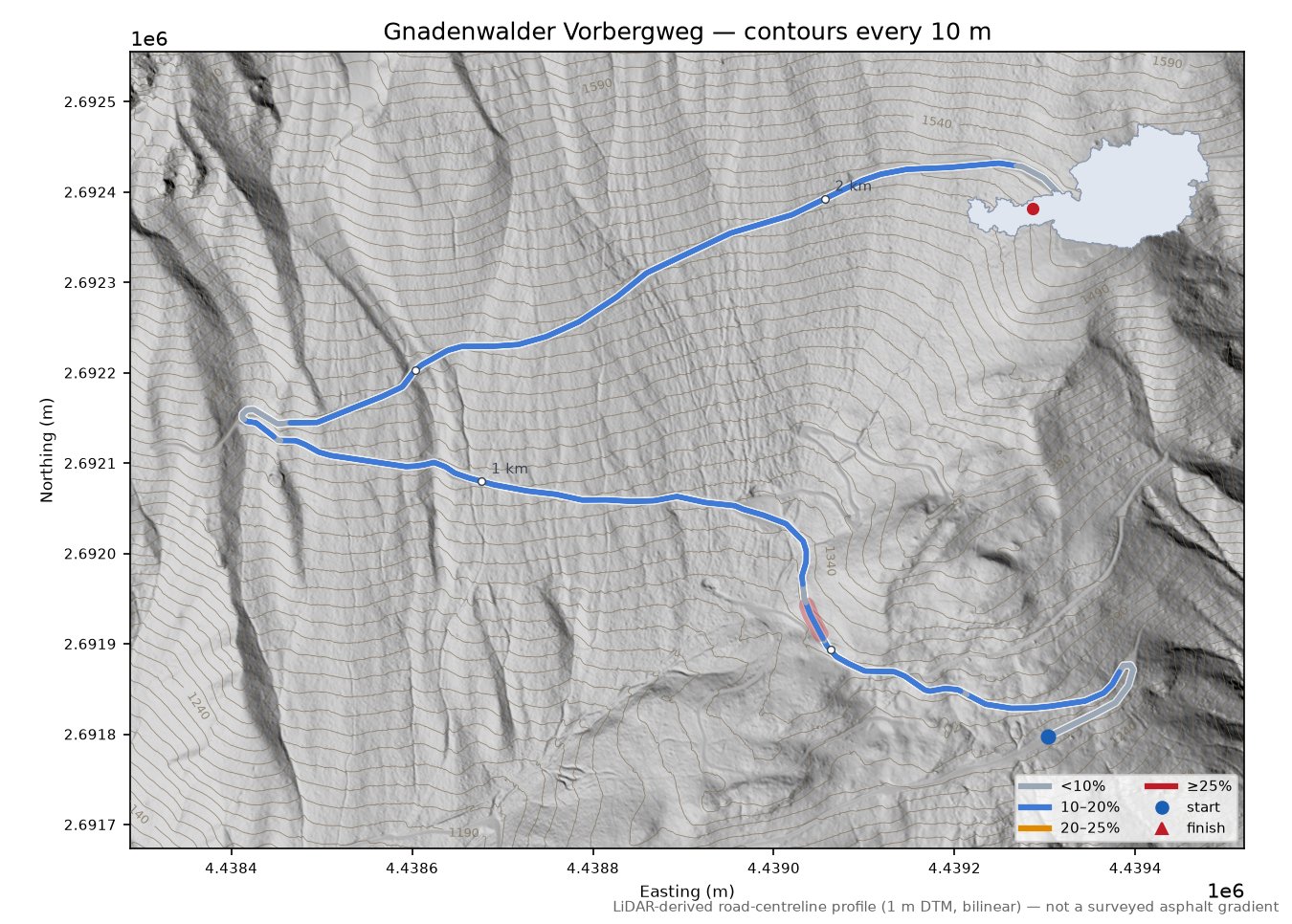 Gnadenwalder Vorbergweg LiDAR hillshade map with contours
