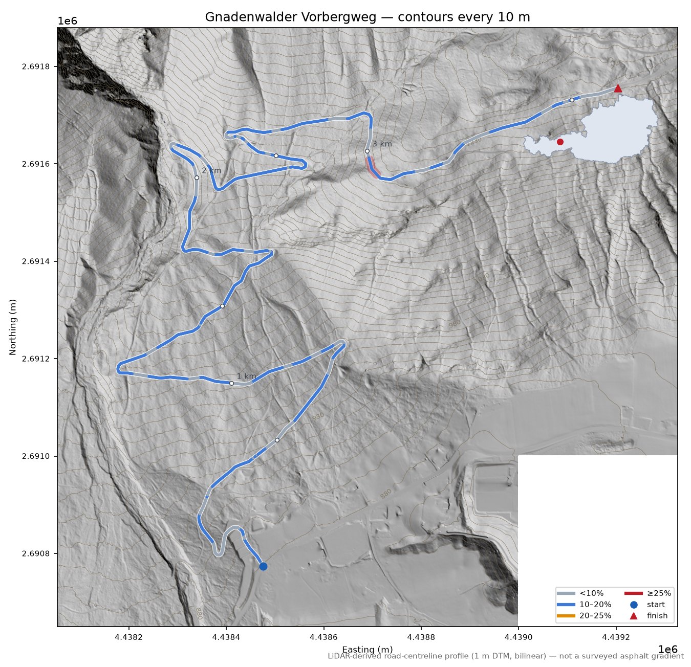 Gnadenwalder Vorbergweg LiDAR hillshade map with contours