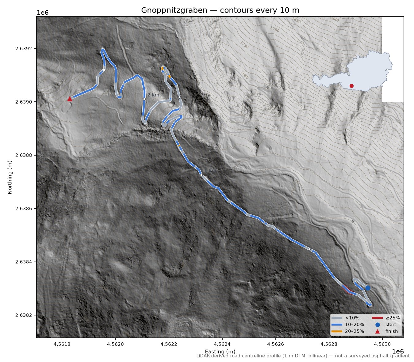 Gnoppnitzgraben LiDAR hillshade map with contours