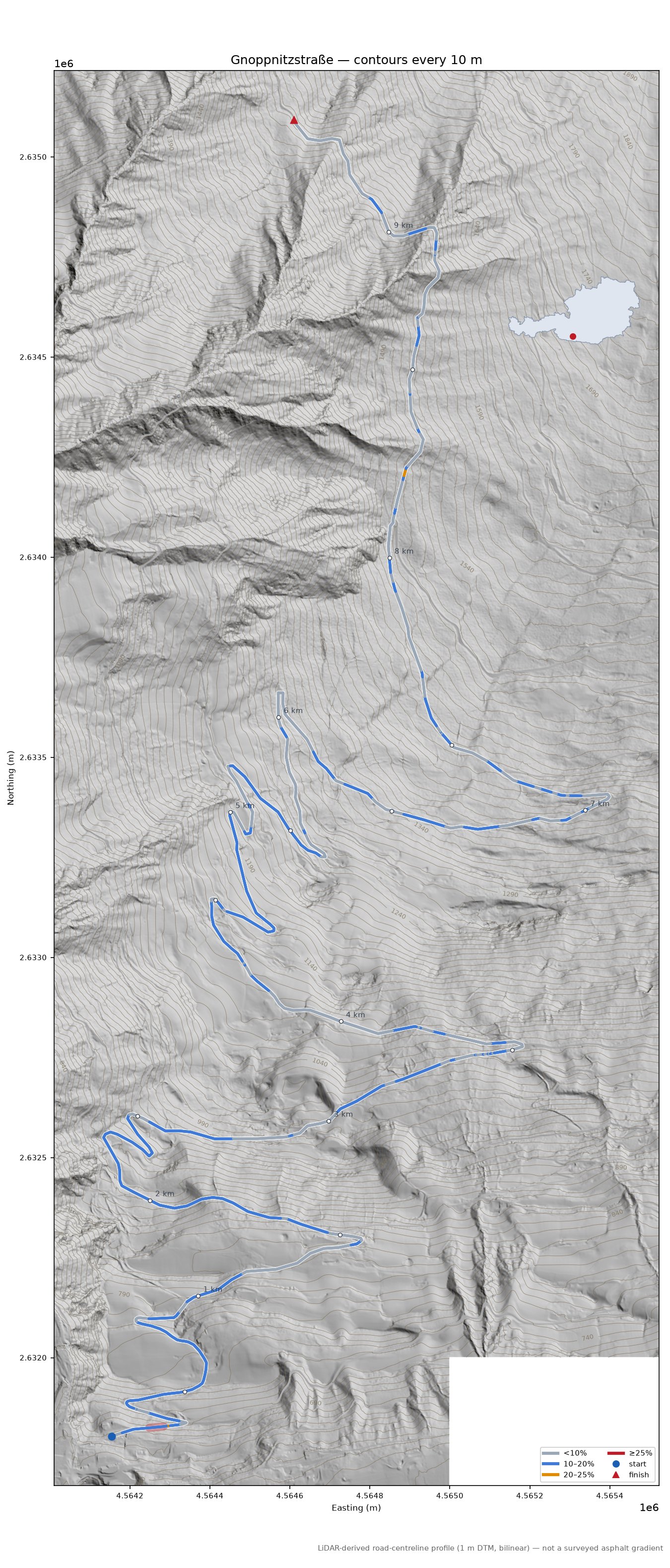 Gnoppnitzstraße LiDAR hillshade map with contours