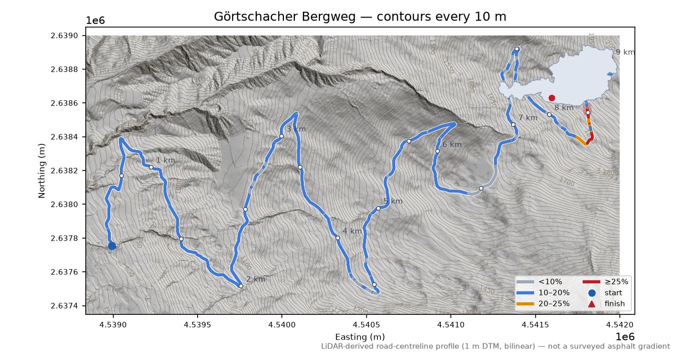 Görtschacher Bergweg LiDAR hillshade map with contours
