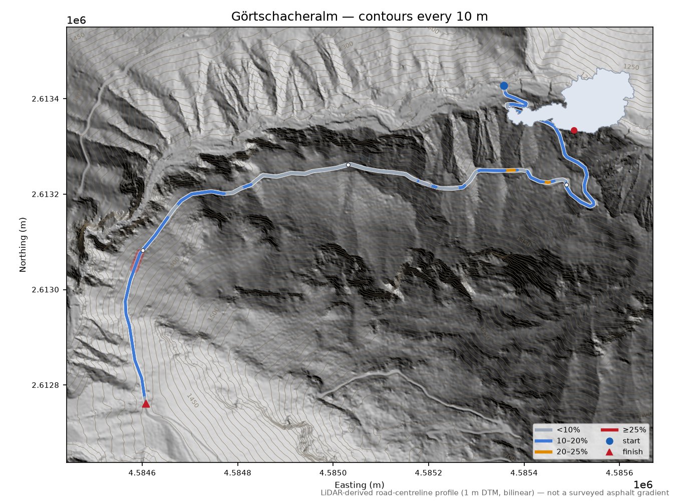 Görtschacheralm LiDAR hillshade map with contours