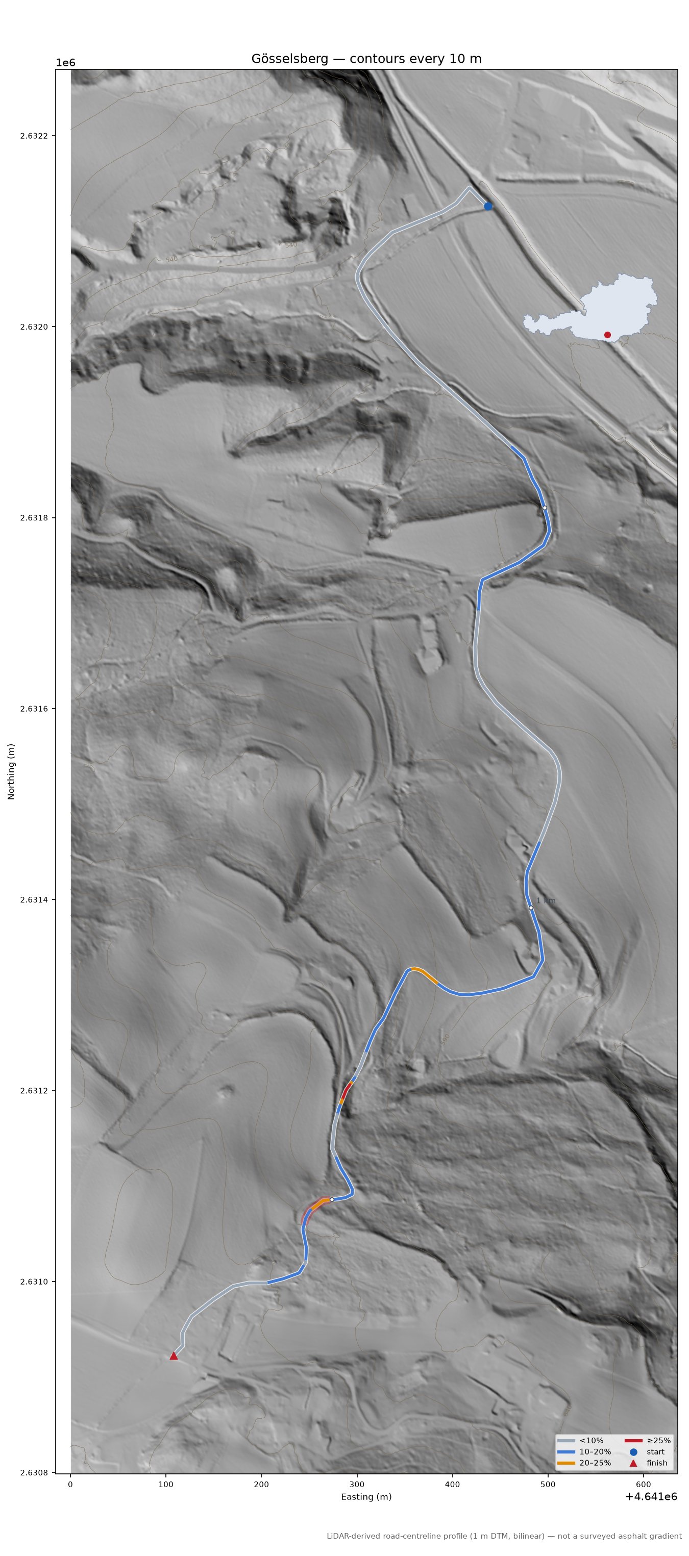 Gösselsberg LiDAR hillshade map with contours