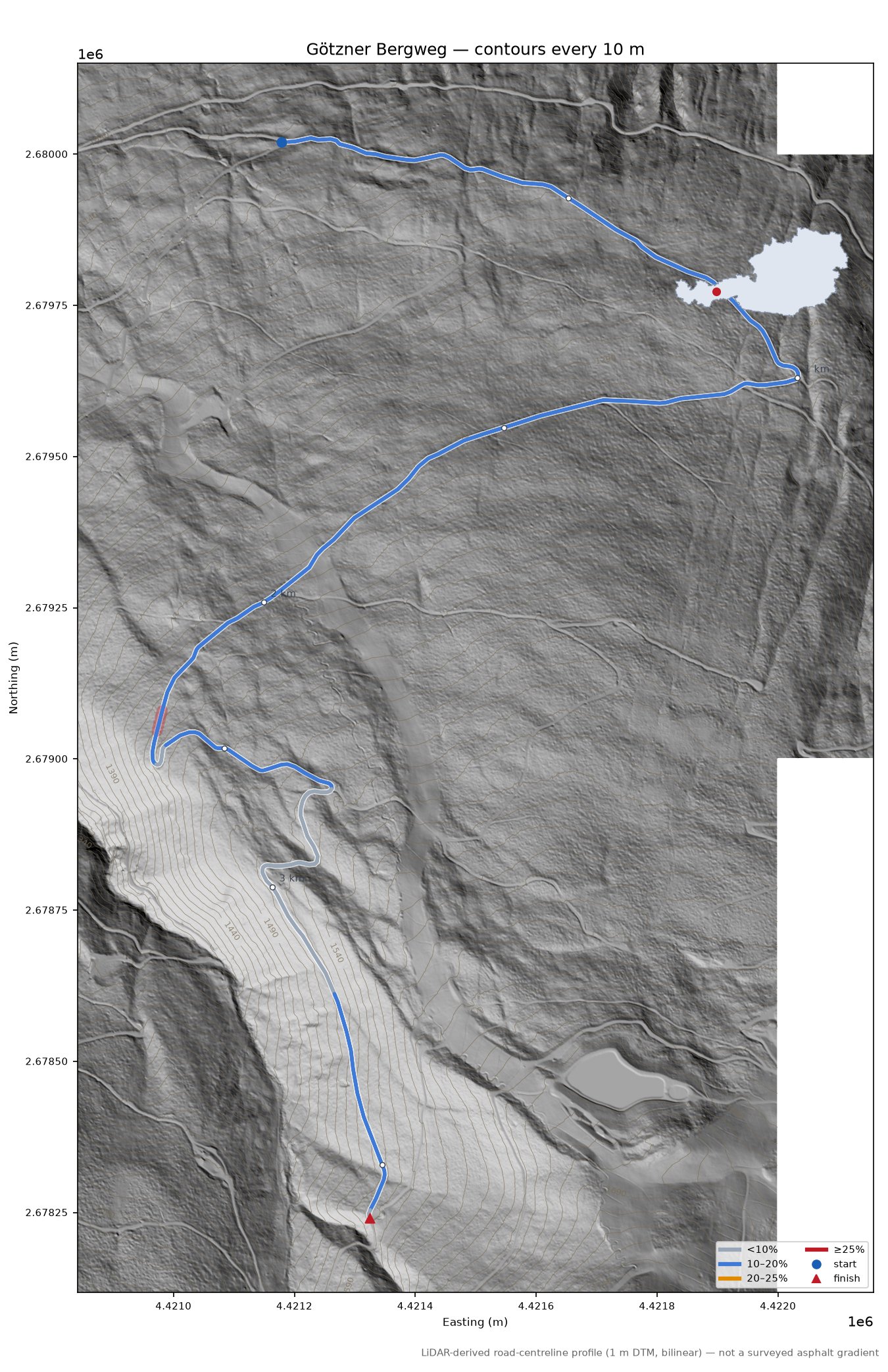 Götzner Bergweg LiDAR hillshade map with contours