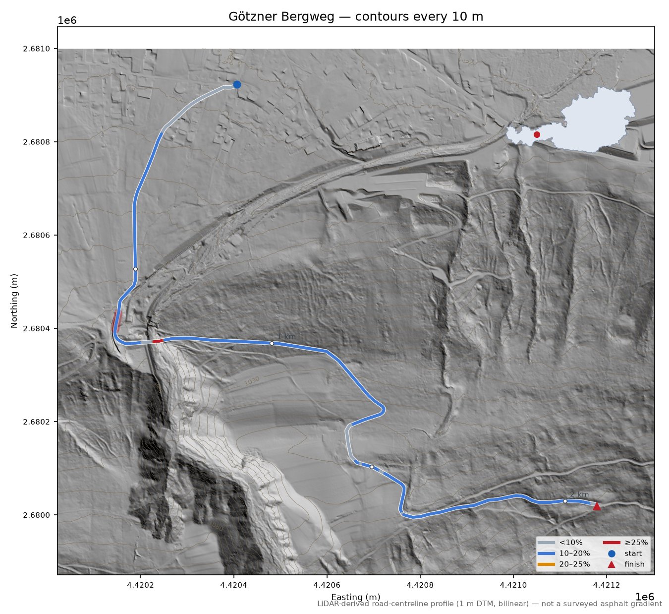 Götzner Bergweg LiDAR hillshade map with contours