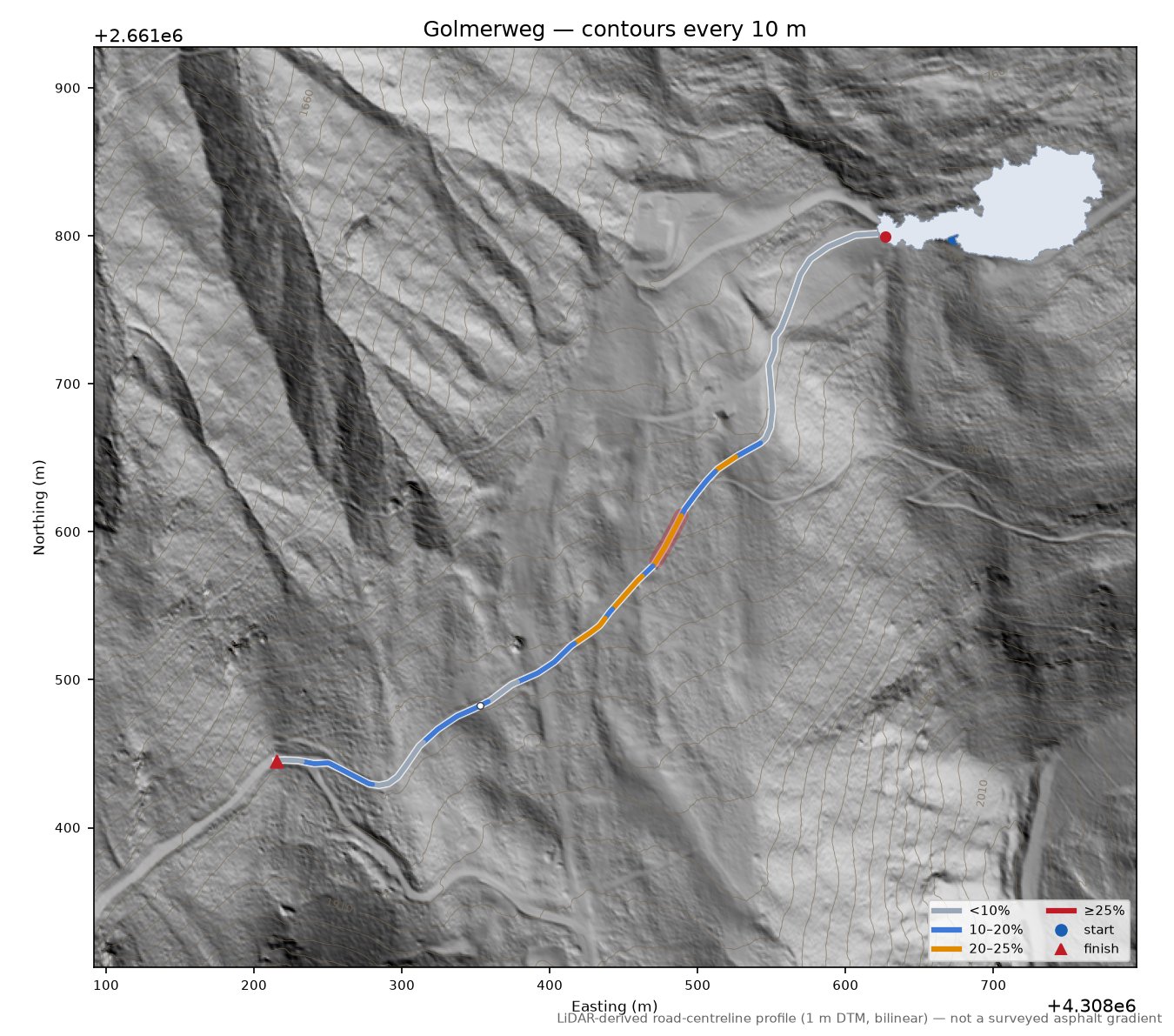 Golmerweg LiDAR hillshade map with contours