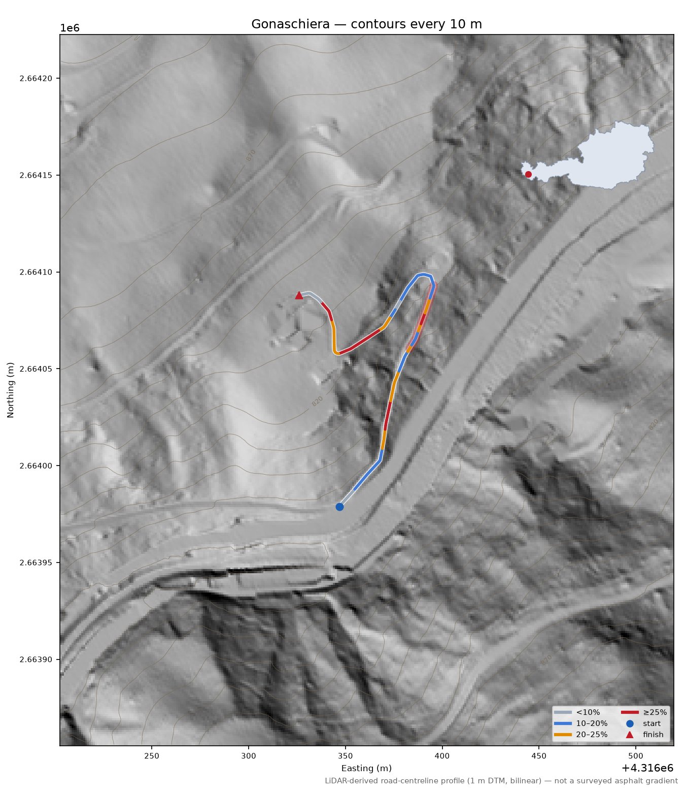 Gonaschiera LiDAR hillshade map with contours