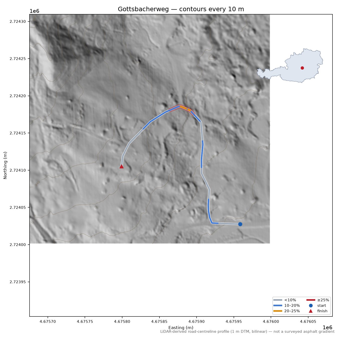 Gottsbacherweg LiDAR hillshade map with contours