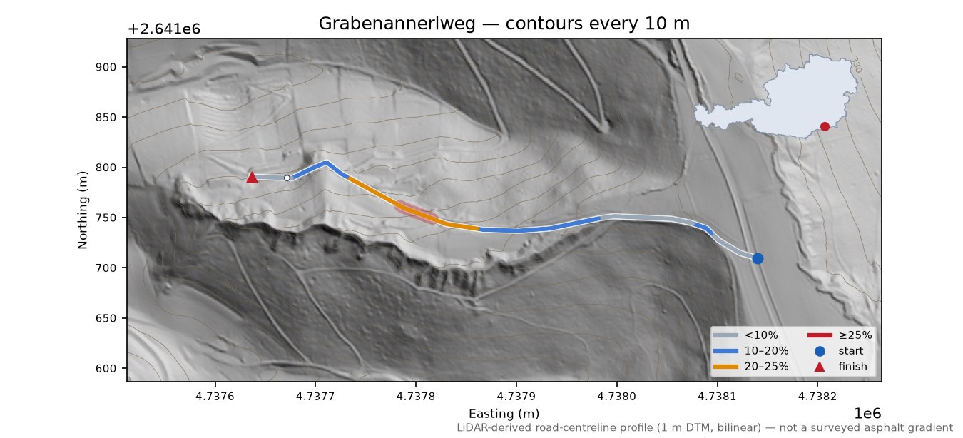 Grabenannerlweg LiDAR hillshade map with contours