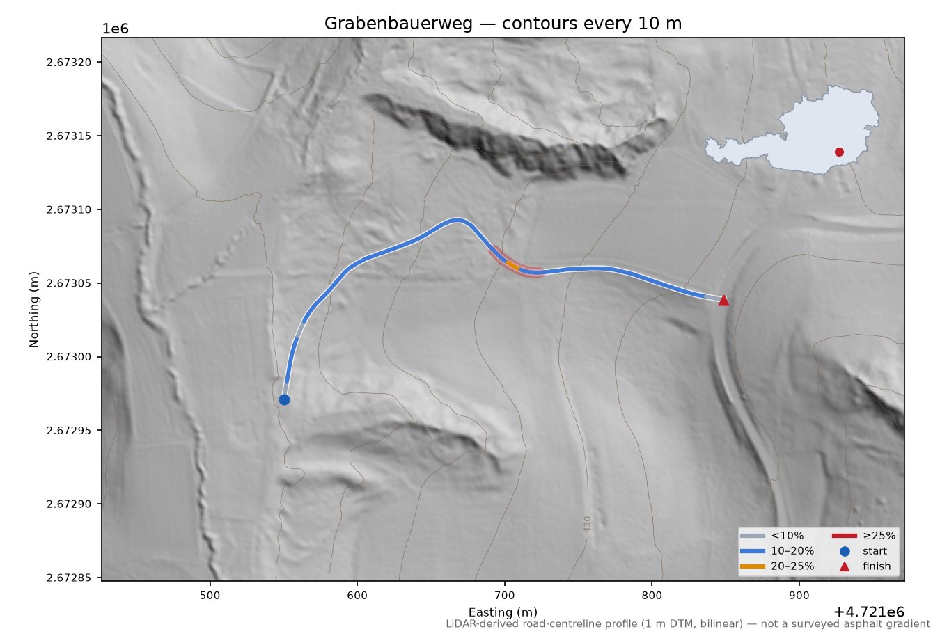 Grabenbauerweg LiDAR hillshade map with contours