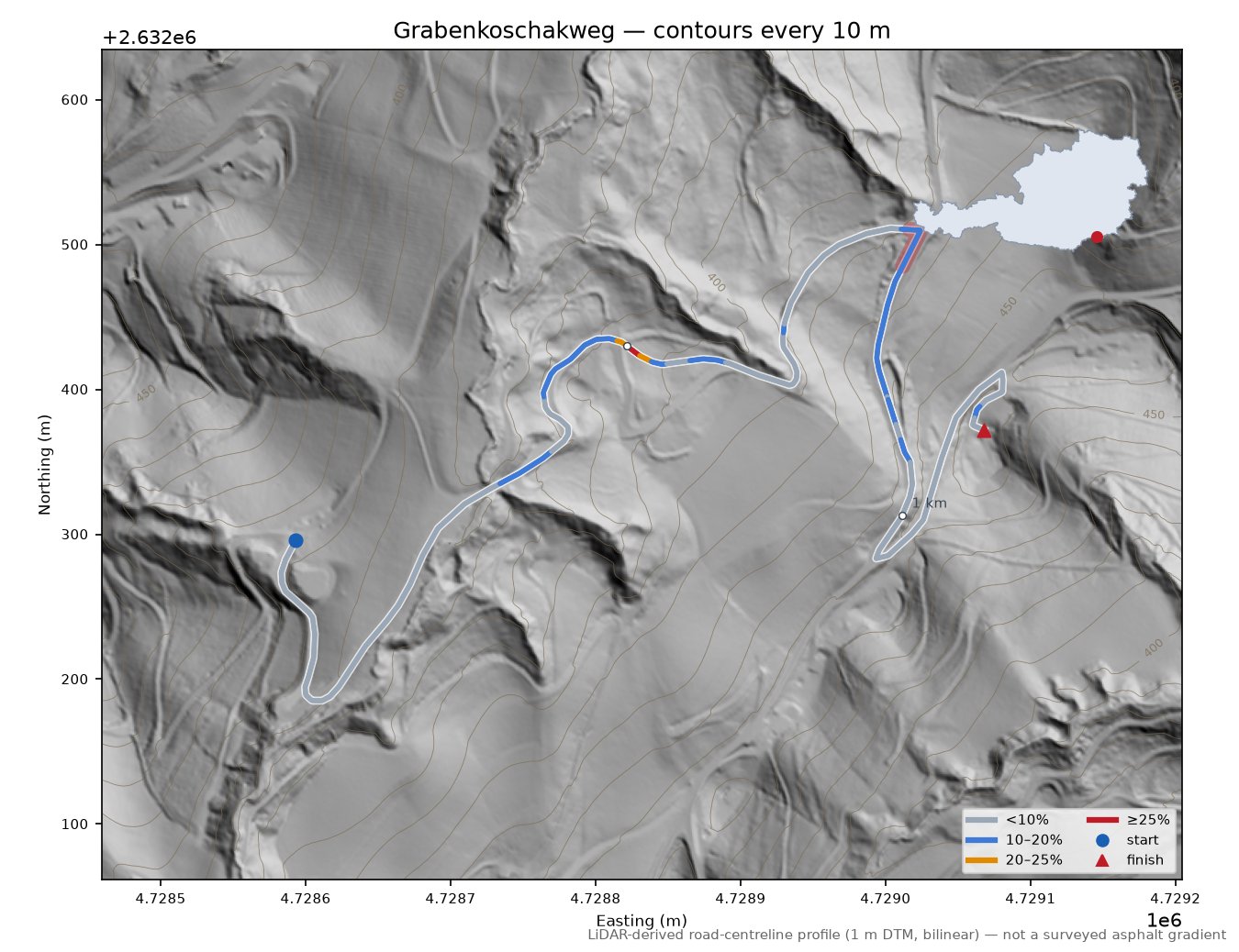 Grabenkoschakweg LiDAR hillshade map with contours