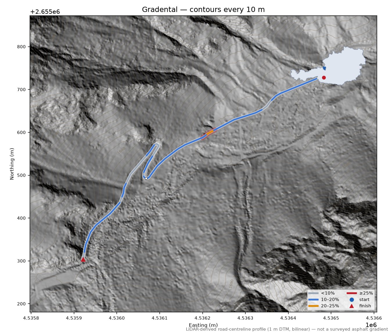 Gradental LiDAR hillshade map with contours
