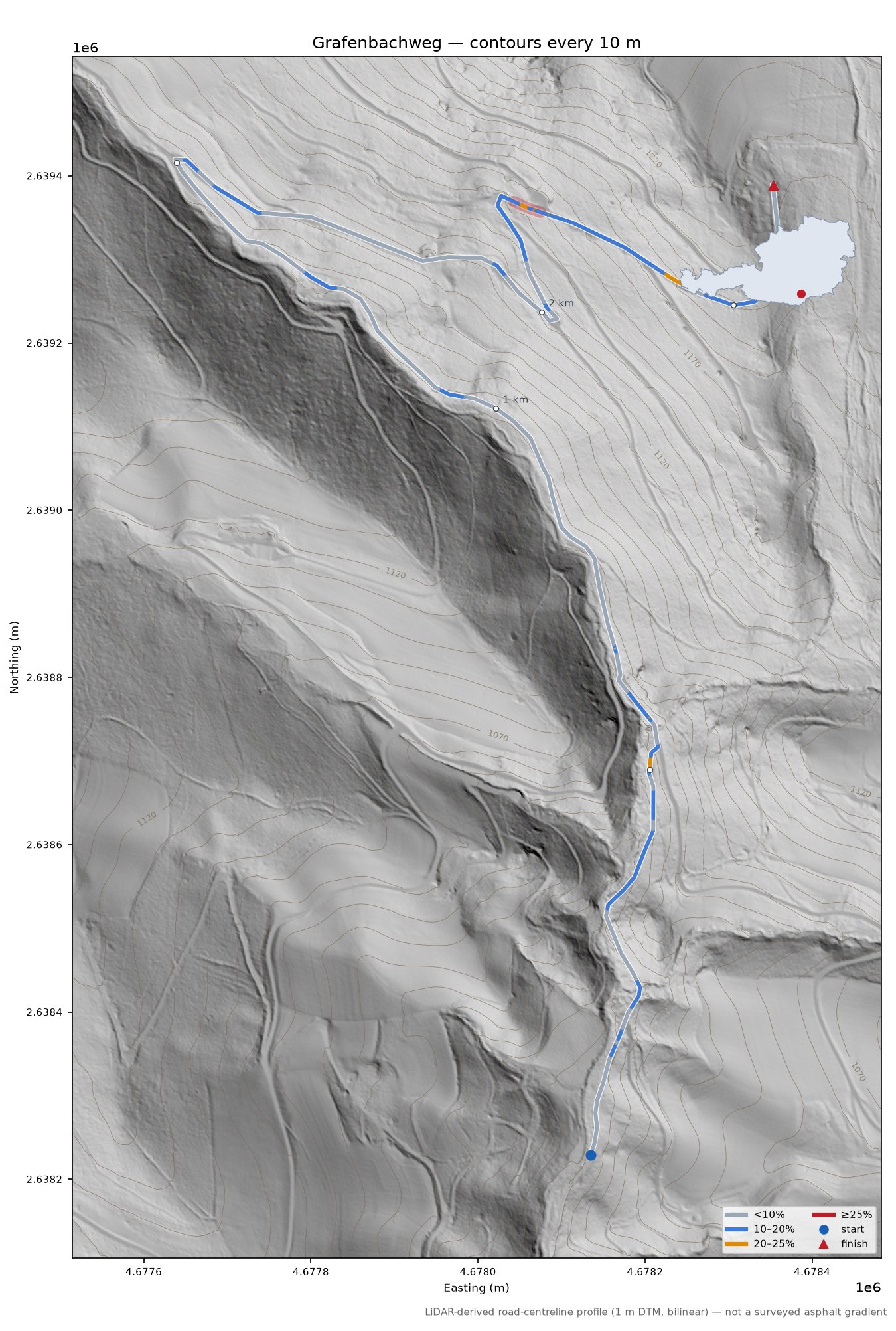 Grafenbachweg LiDAR hillshade map with contours