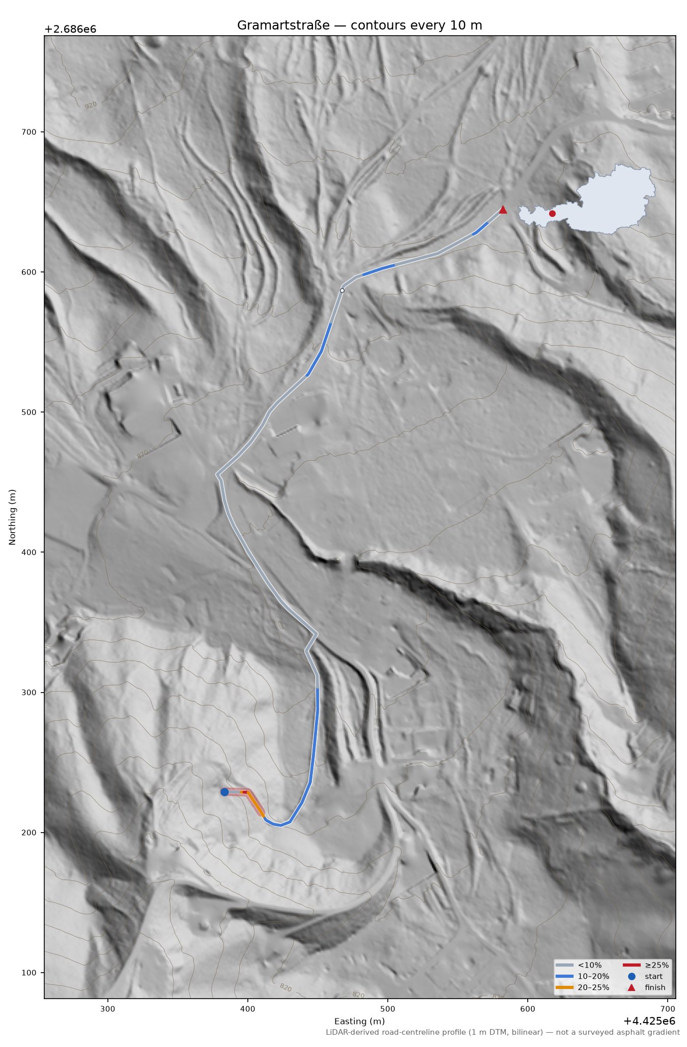 Gramartstraße LiDAR hillshade map with contours
