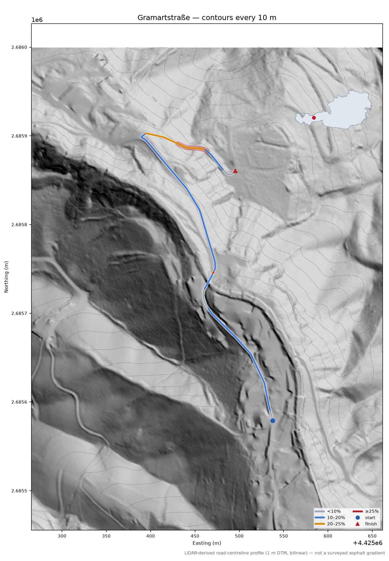 Gramartstraße LiDAR hillshade map with contours