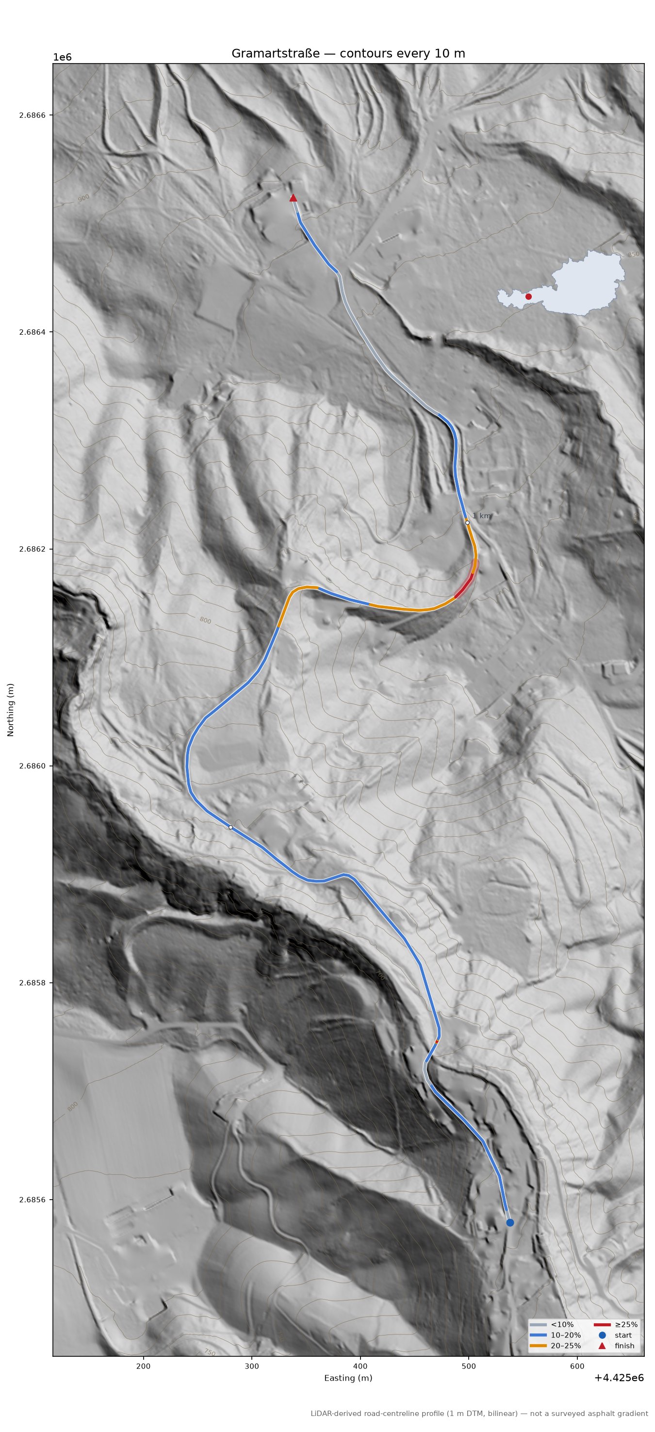 Gramartstraße LiDAR hillshade map with contours