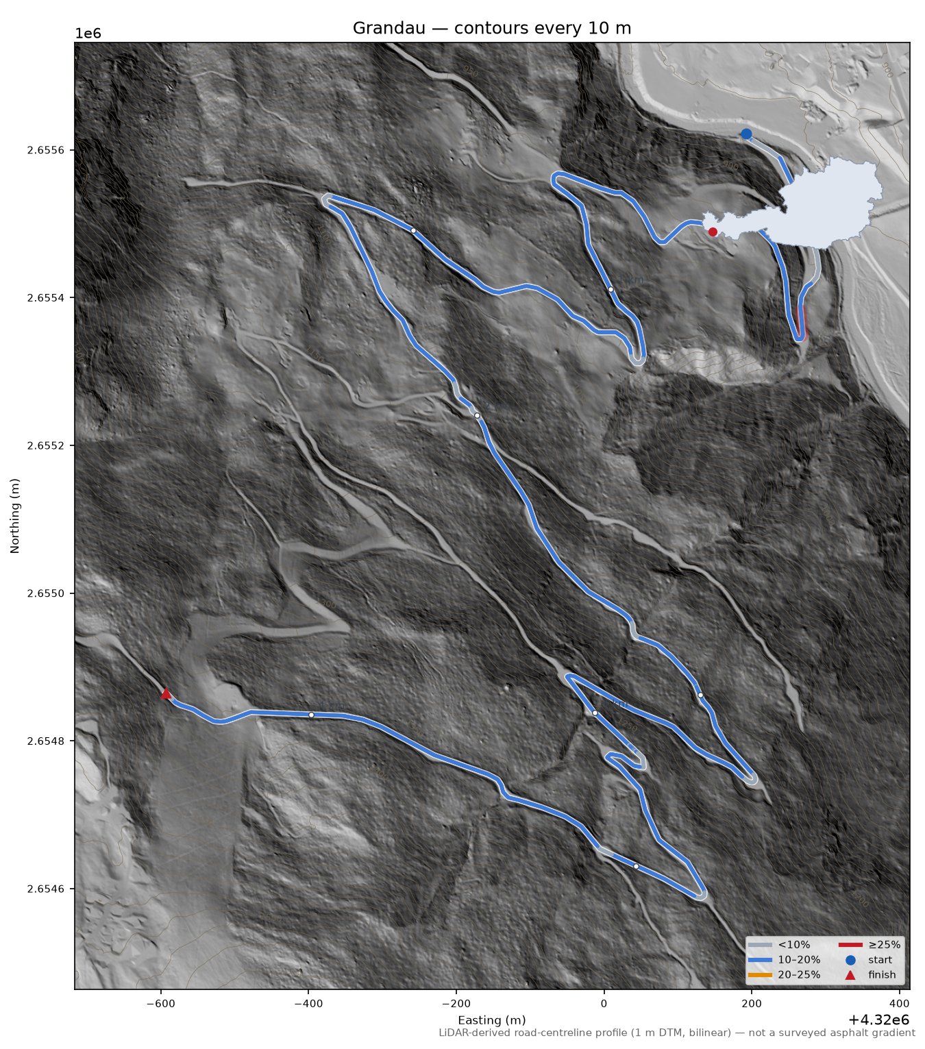 Grandau LiDAR hillshade map with contours
