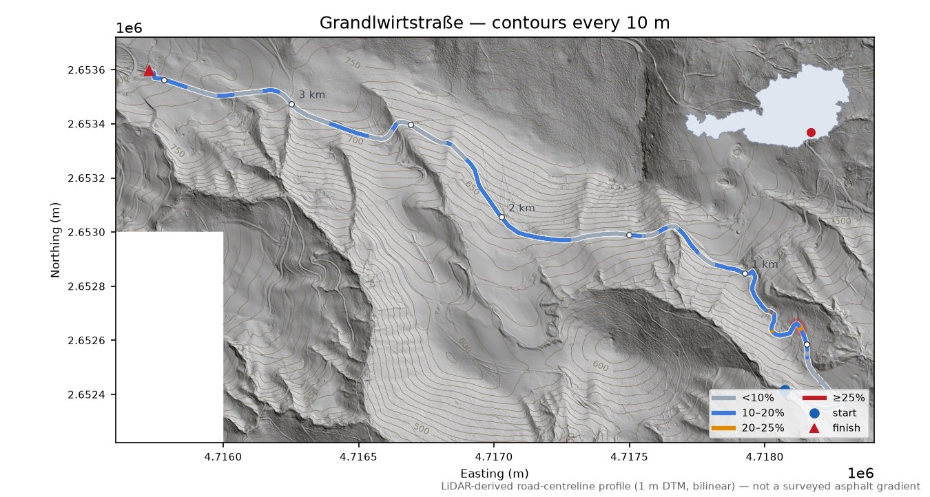 Grandlwirtstraße LiDAR hillshade map with contours