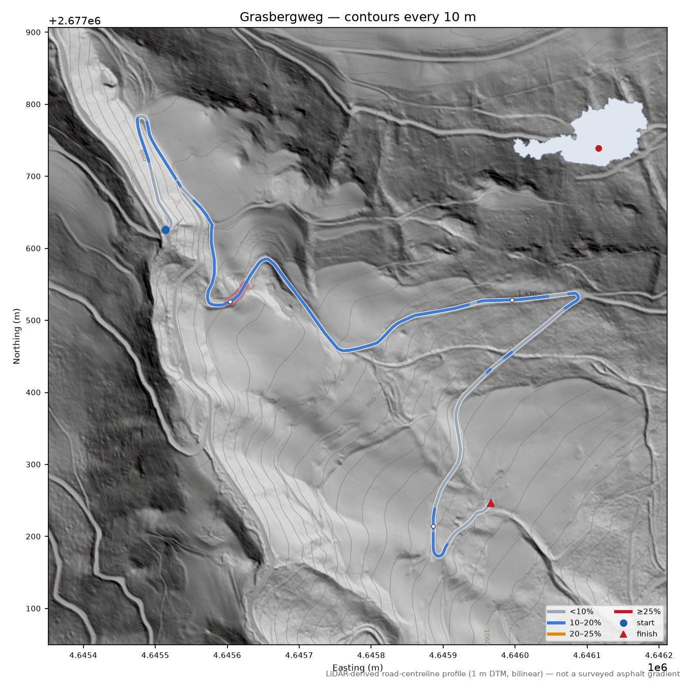 Grasbergweg LiDAR hillshade map with contours