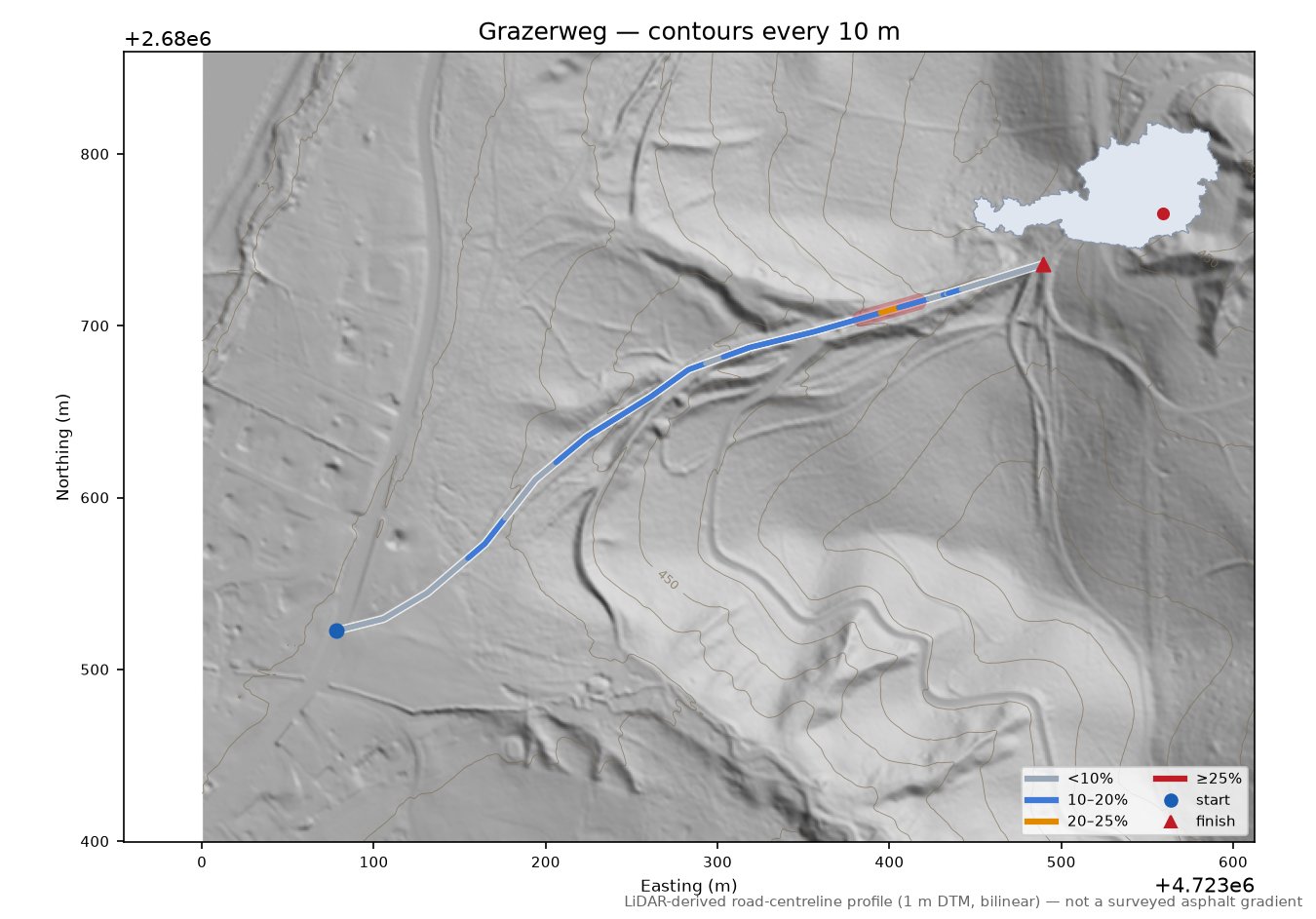 Grazerweg LiDAR hillshade map with contours