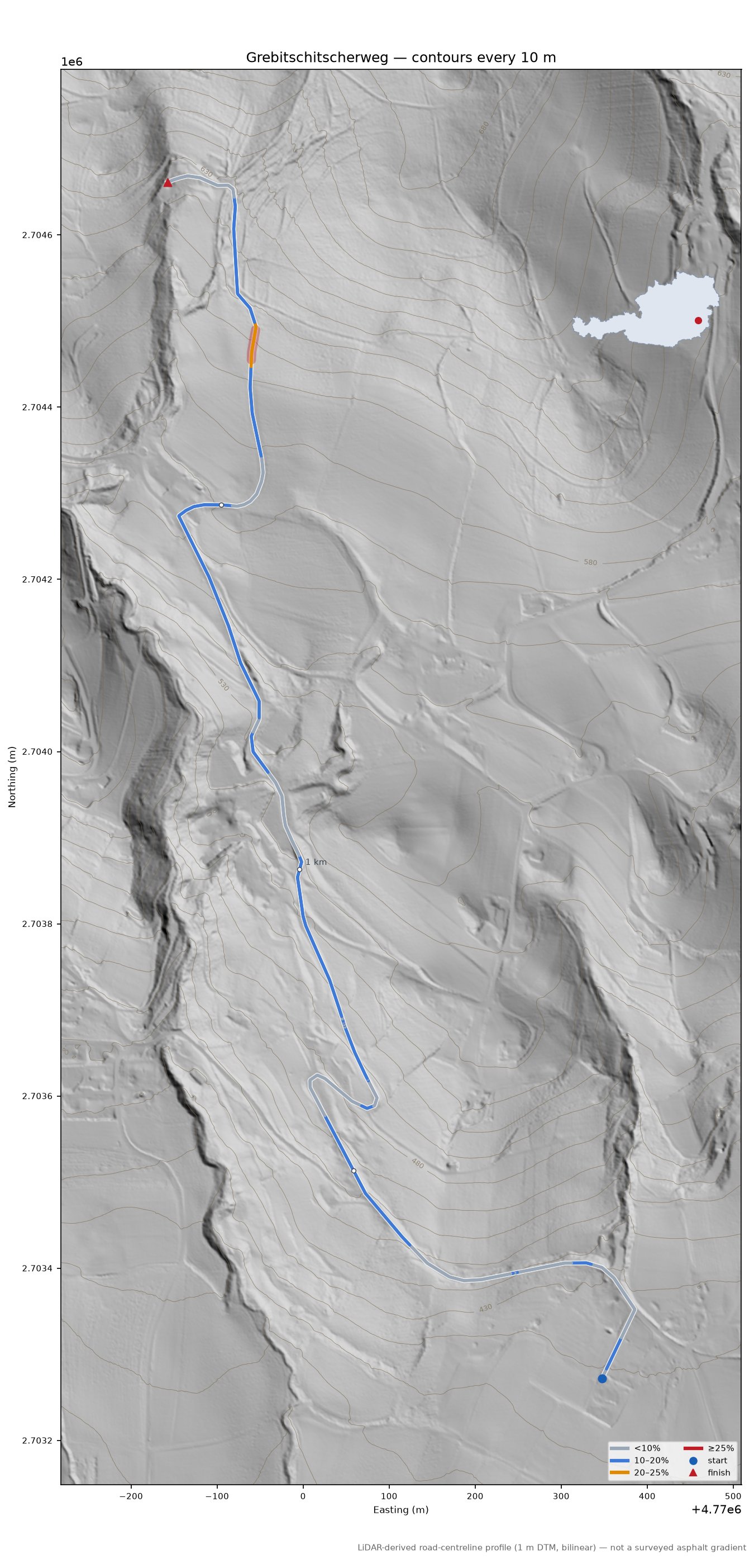 Grebitschitscherweg LiDAR hillshade map with contours