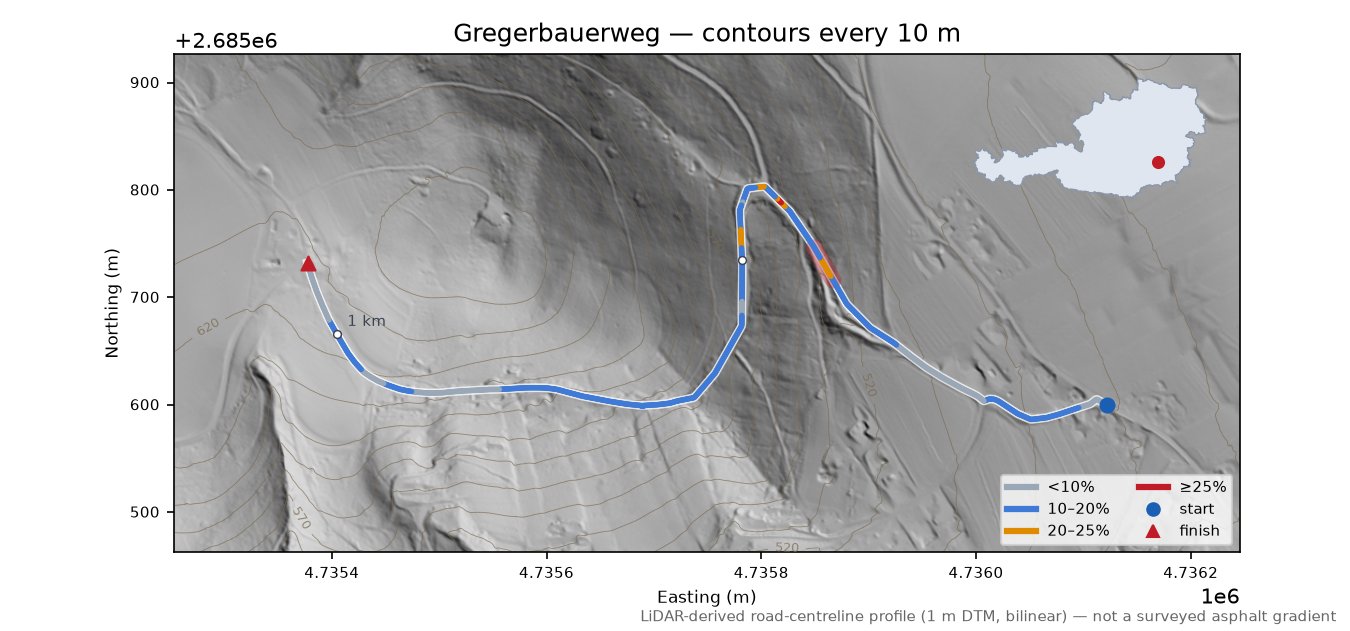 Gregerbauerweg LiDAR hillshade map with contours