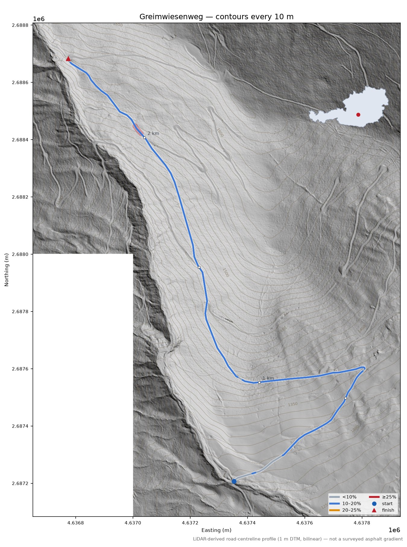 Greimwiesenweg LiDAR hillshade map with contours