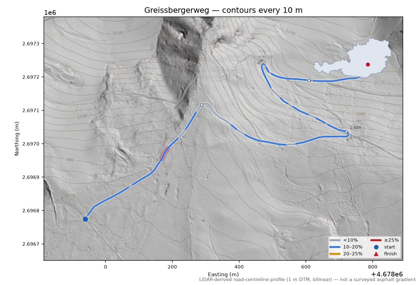 Greissbergerweg LiDAR hillshade map with contours