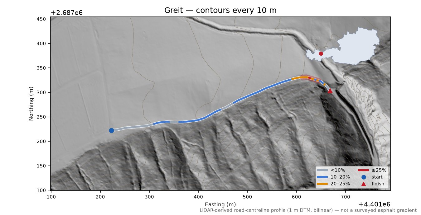 Greit LiDAR hillshade map with contours