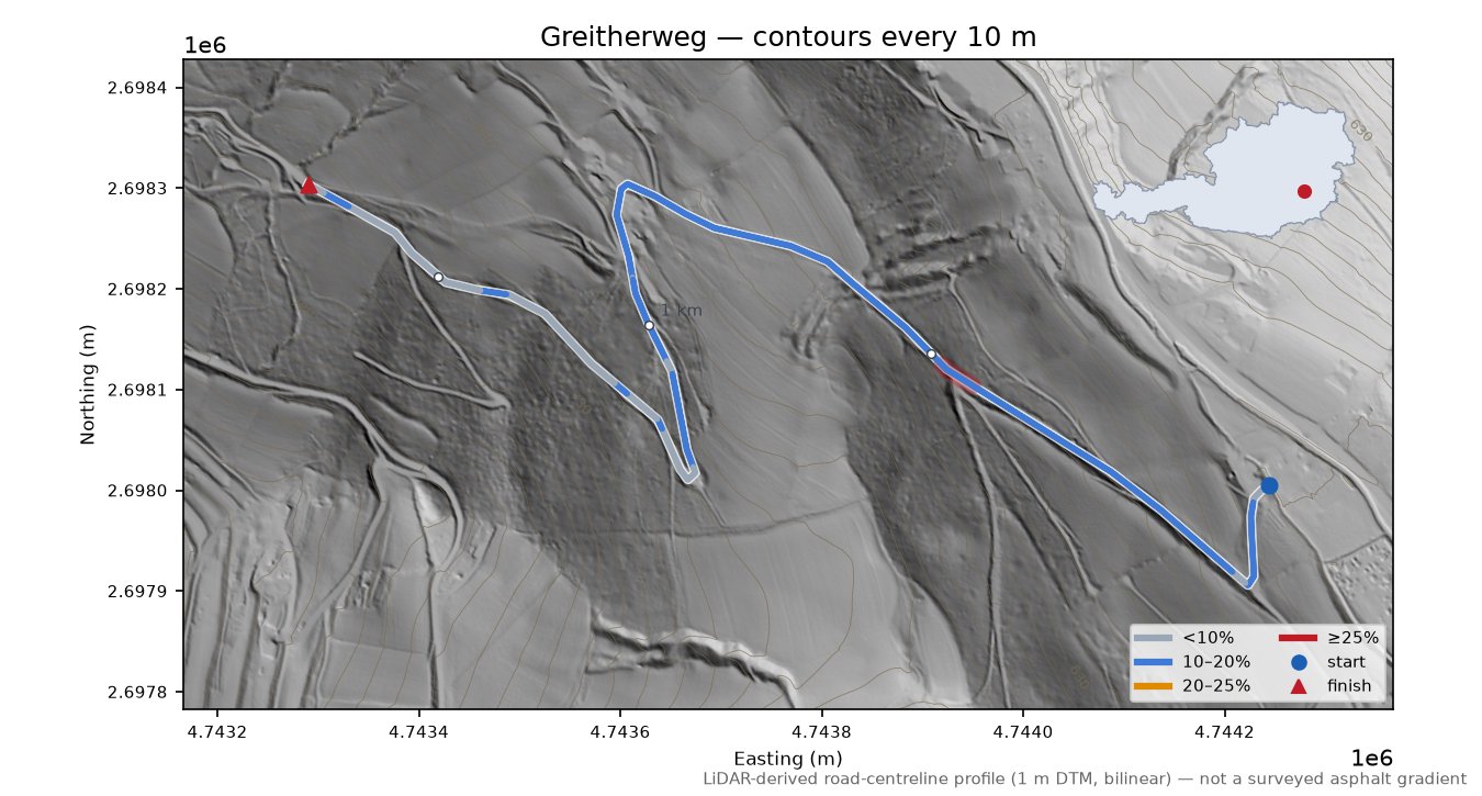 Greitherweg LiDAR hillshade map with contours