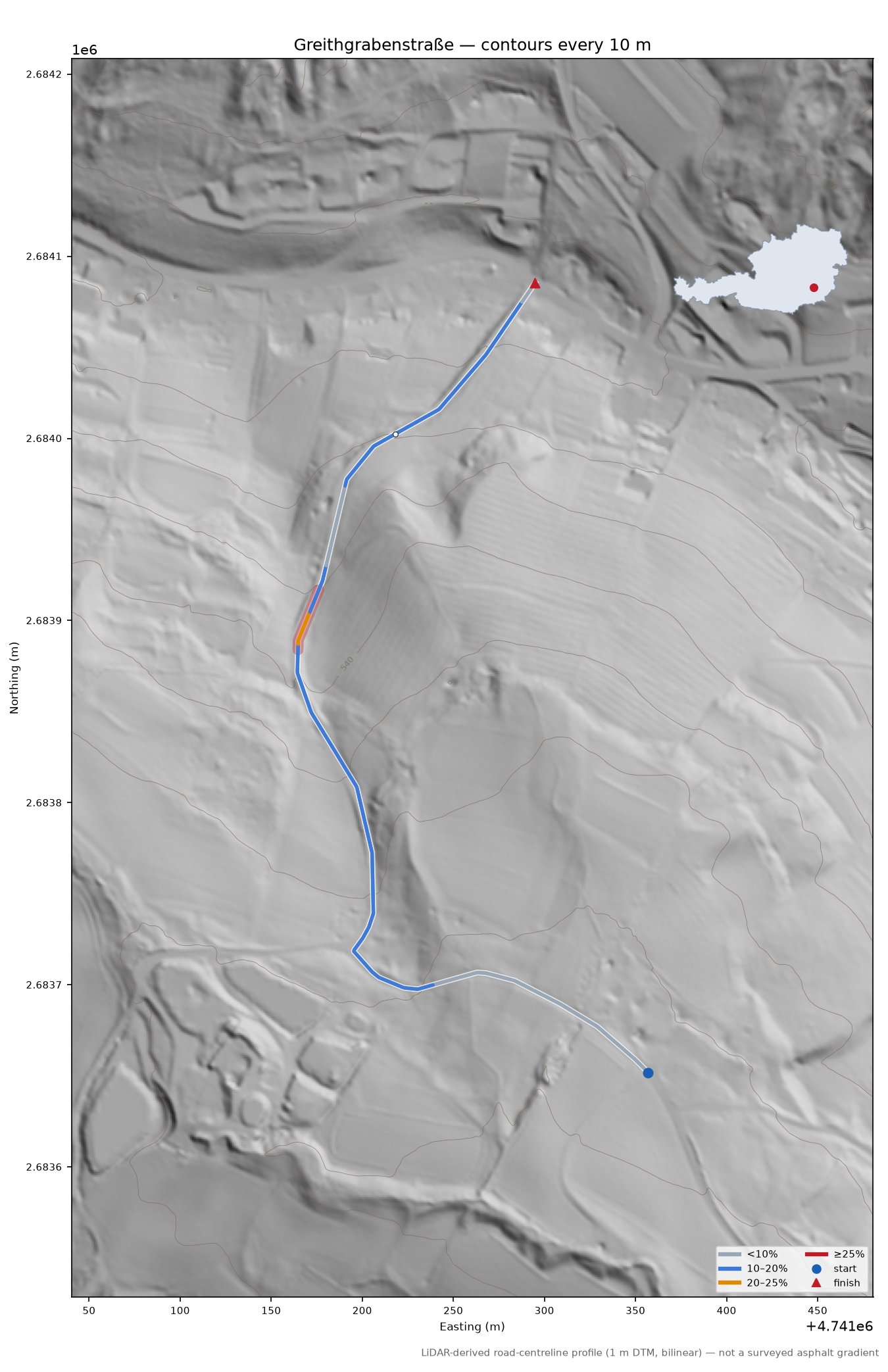Greithgrabenstraße LiDAR hillshade map with contours