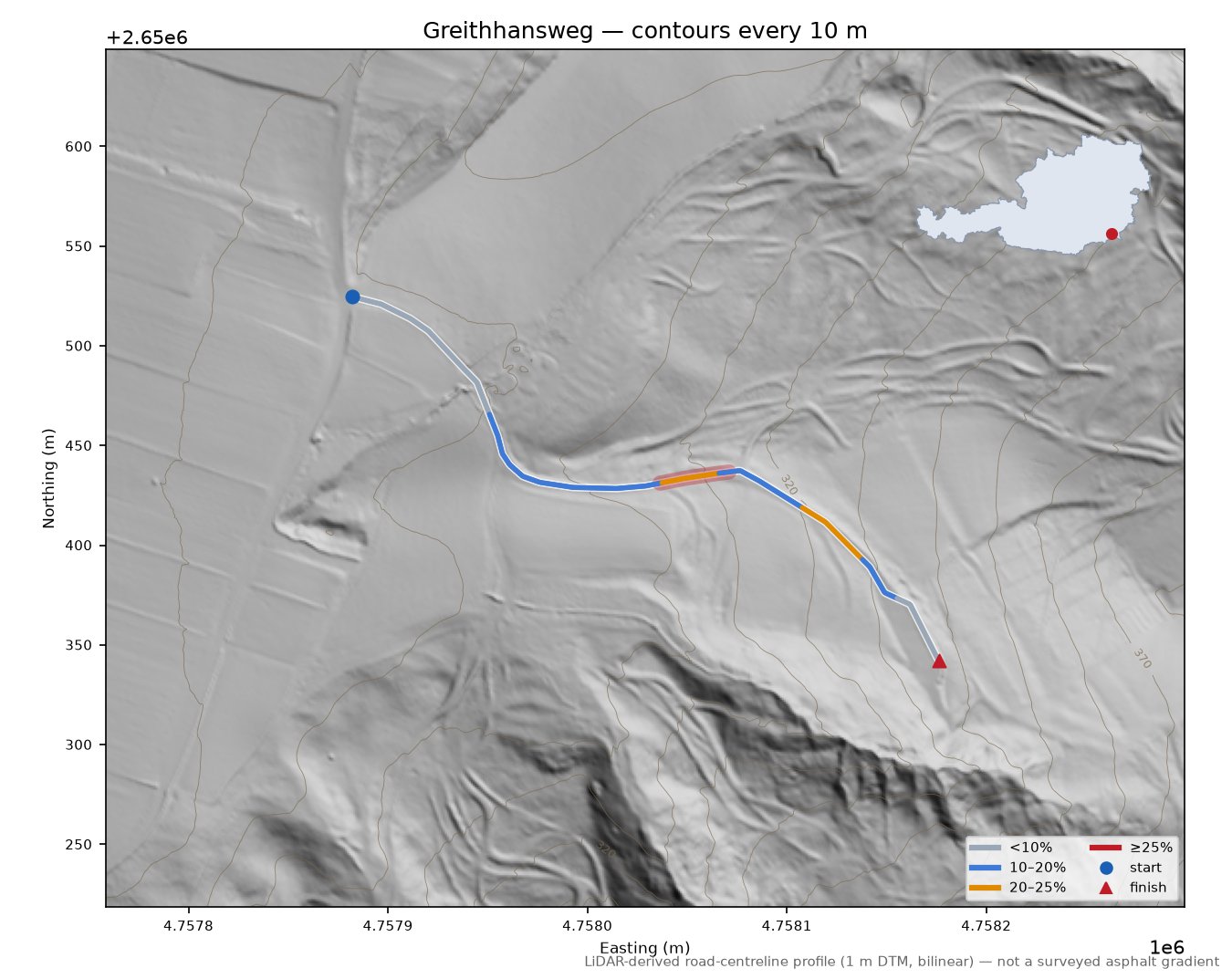 Greithhansweg LiDAR hillshade map with contours