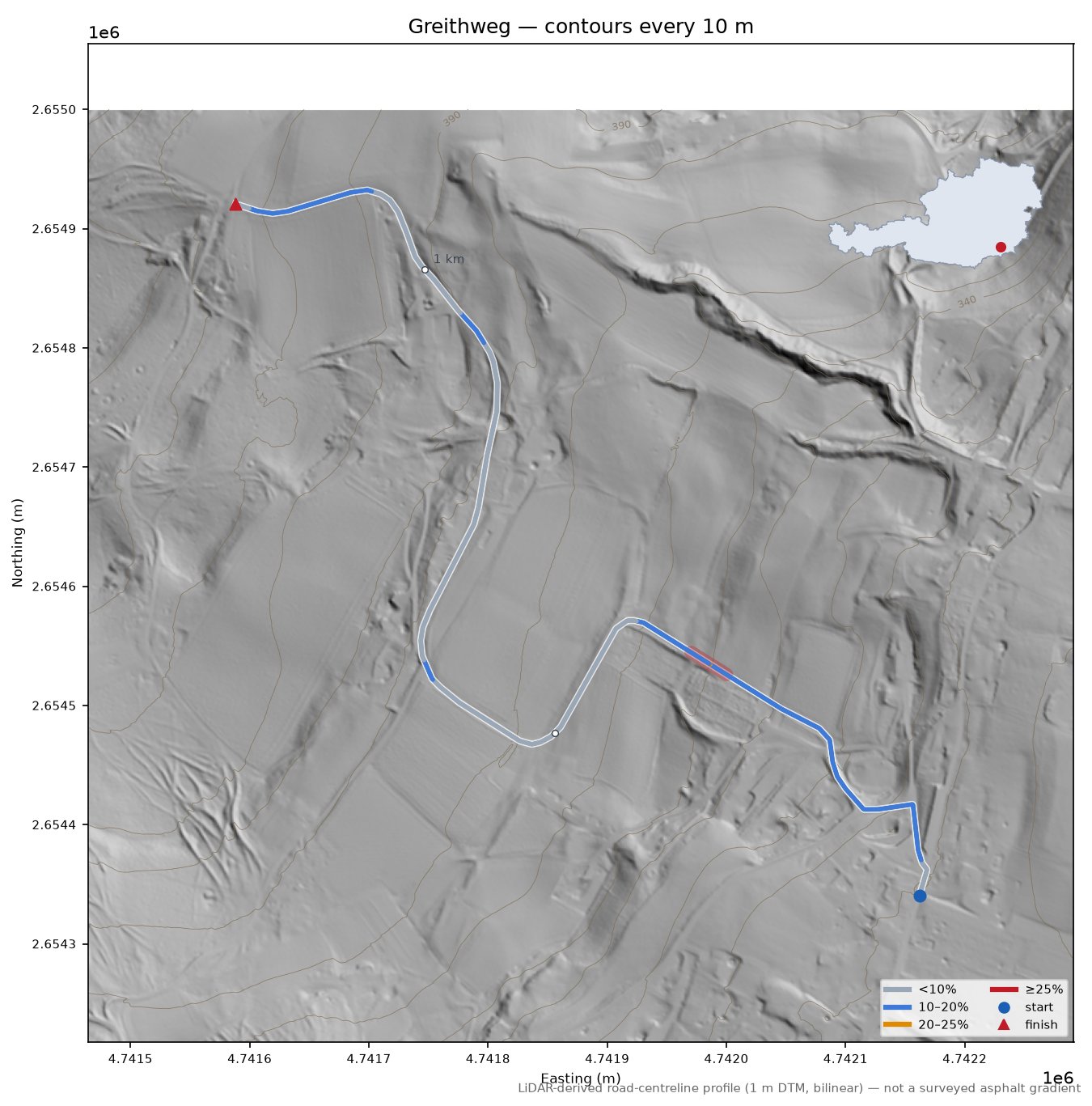 Greithweg LiDAR hillshade map with contours