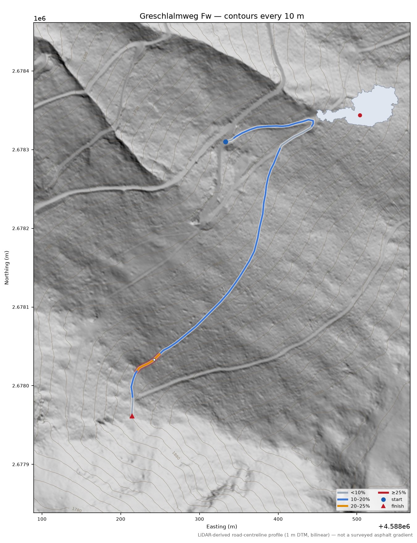Greschlalmweg Fw LiDAR hillshade map with contours