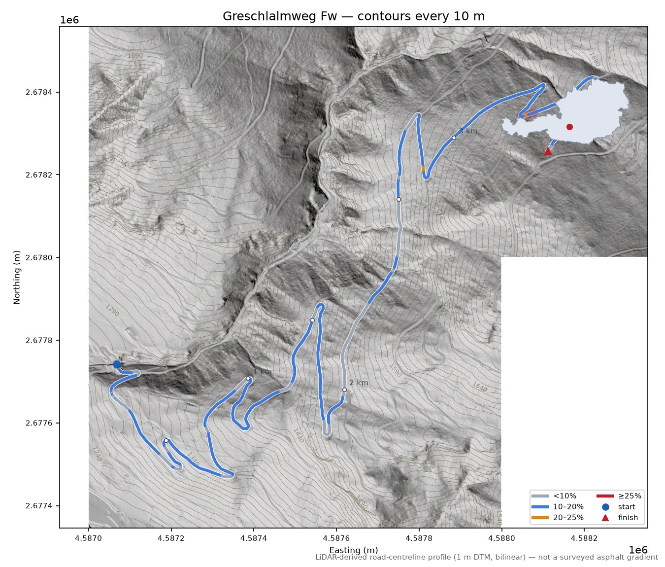 Greschlalmweg Fw LiDAR hillshade map with contours