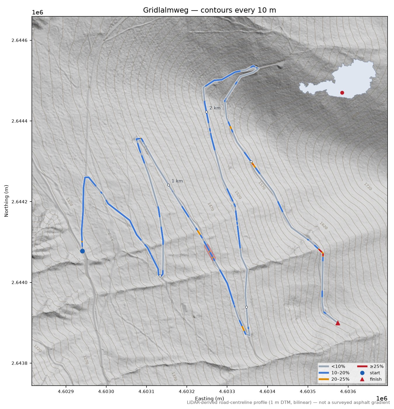 Gridlalmweg LiDAR hillshade map with contours