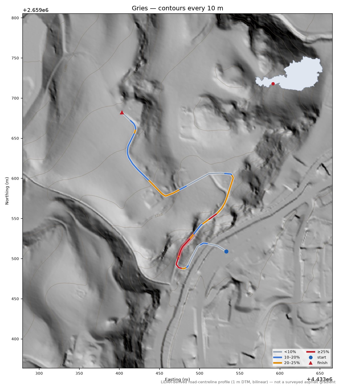 Gries LiDAR hillshade map with contours