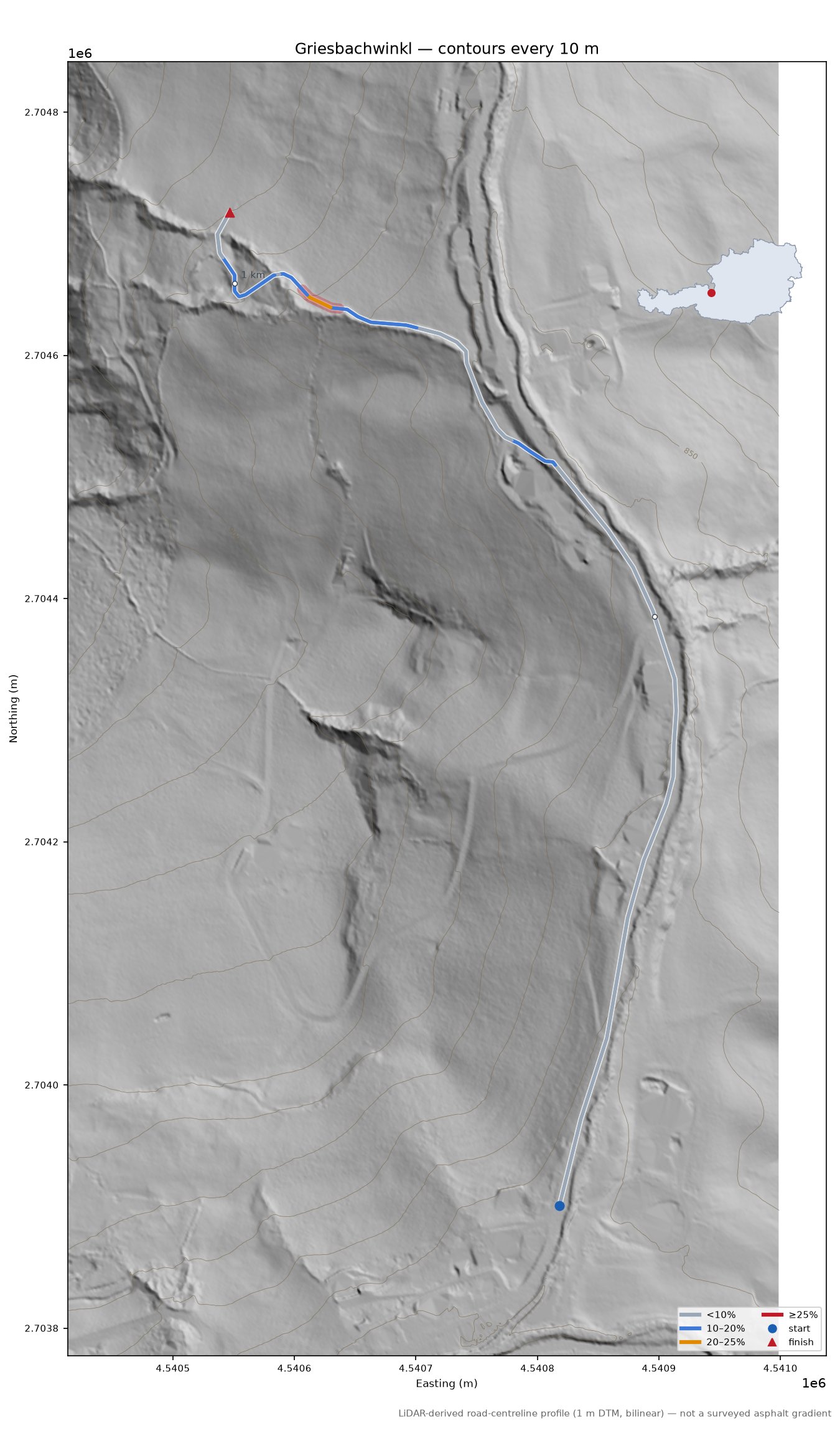 Griesbachwinkl LiDAR hillshade map with contours