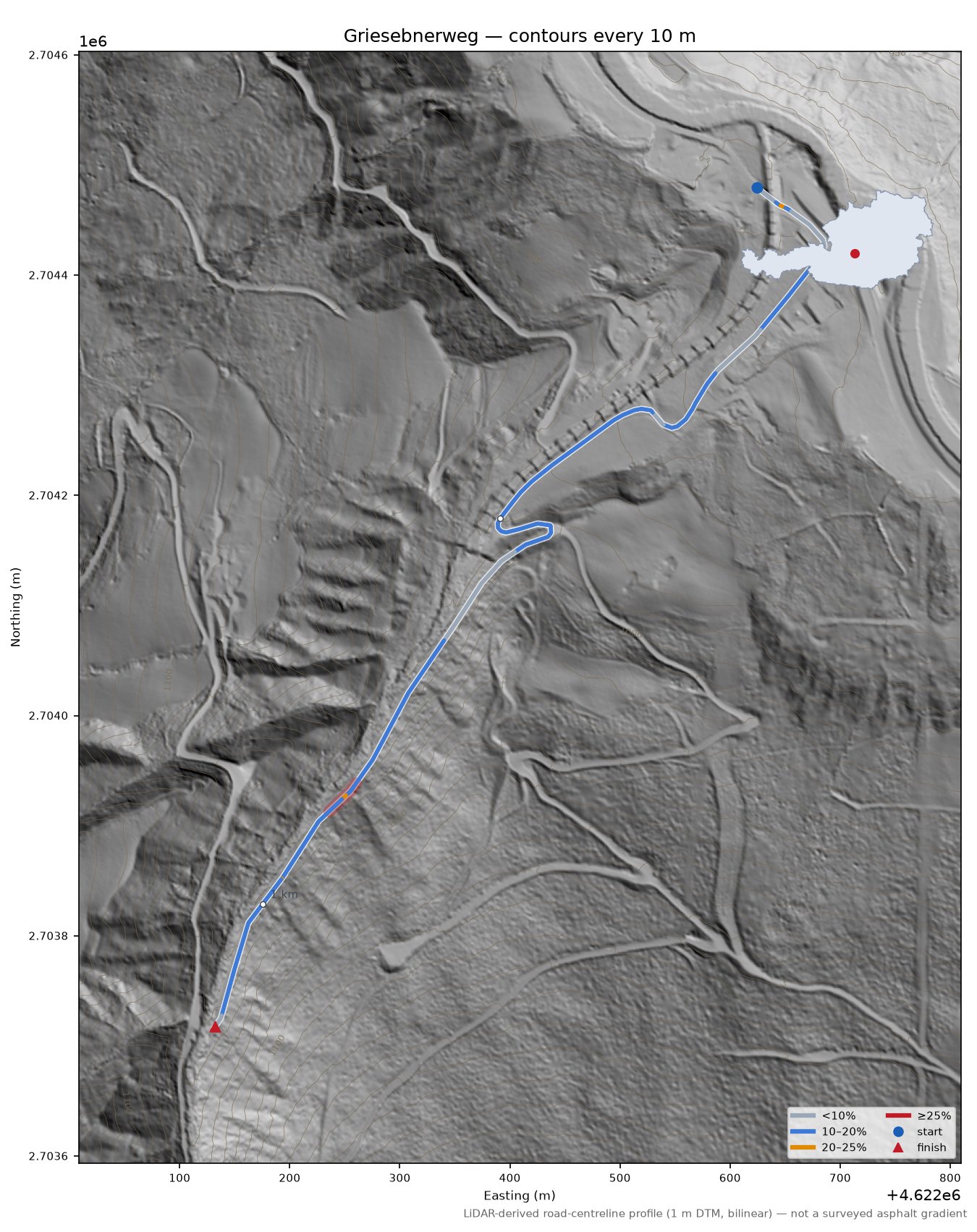 Griesebnerweg LiDAR hillshade map with contours