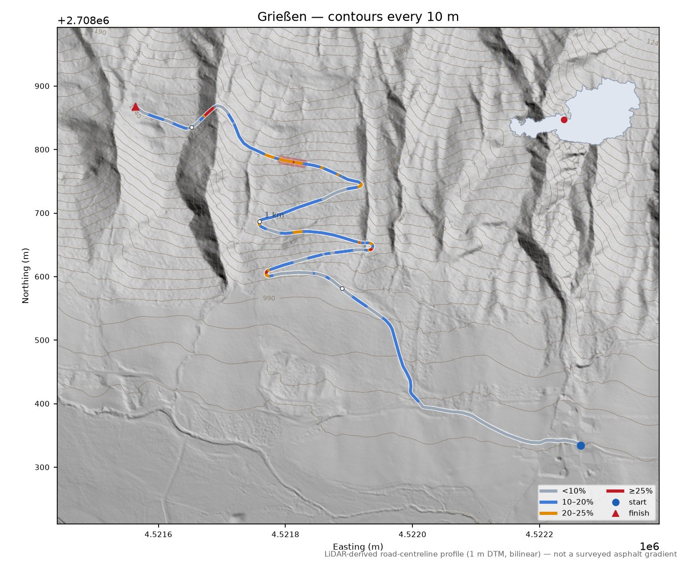 Grießen LiDAR hillshade map with contours
