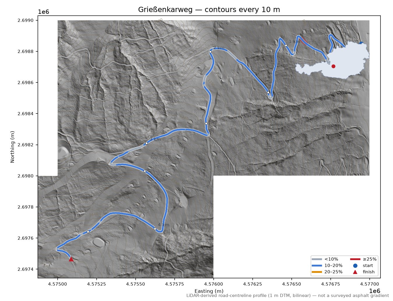 Grießenkarweg LiDAR hillshade map with contours
