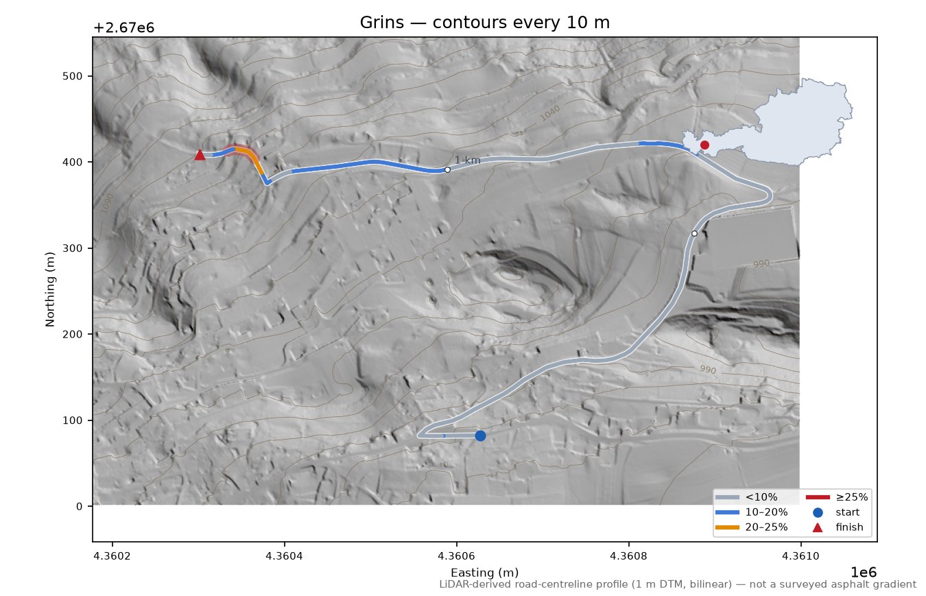 Grins LiDAR hillshade map with contours