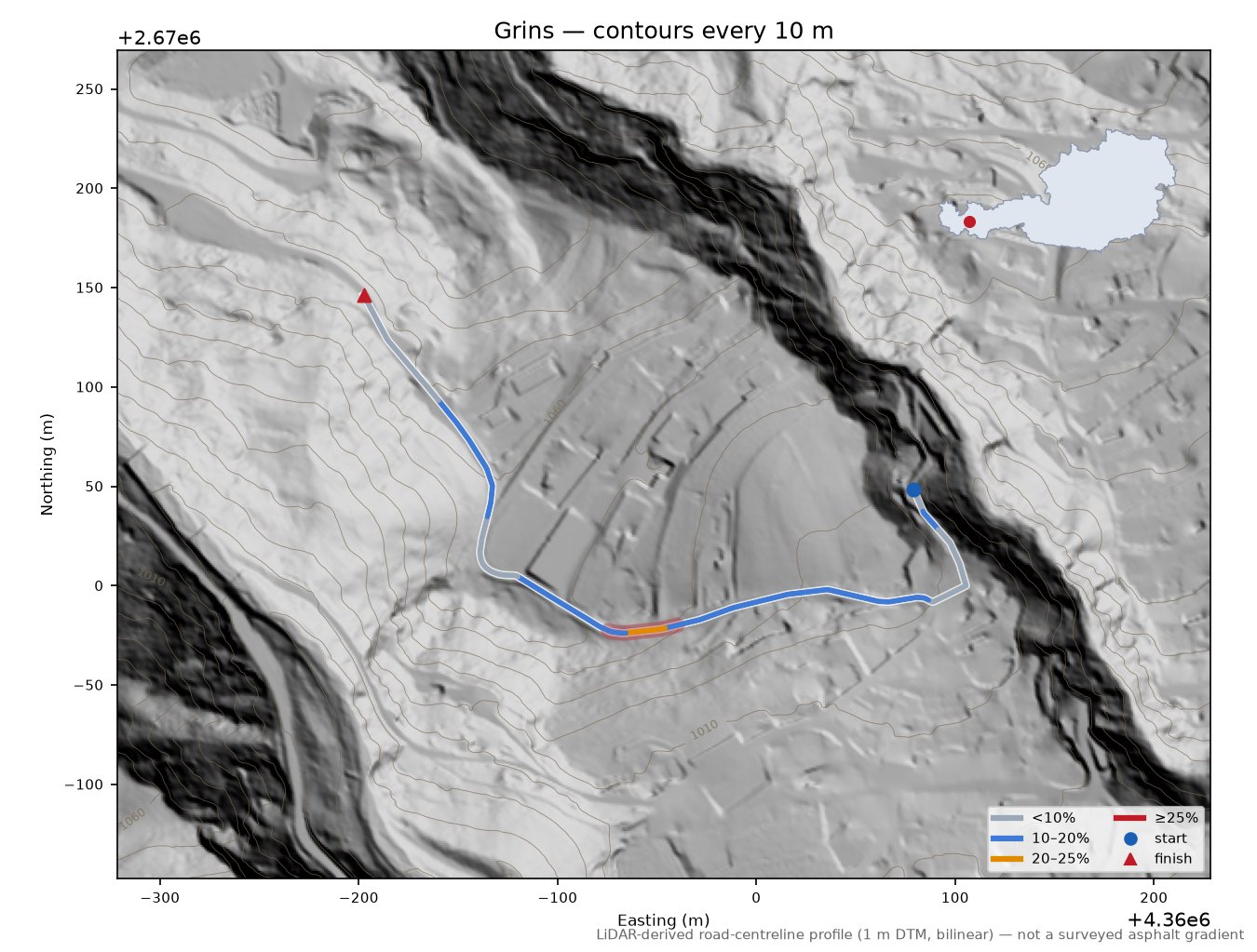 Grins LiDAR hillshade map with contours