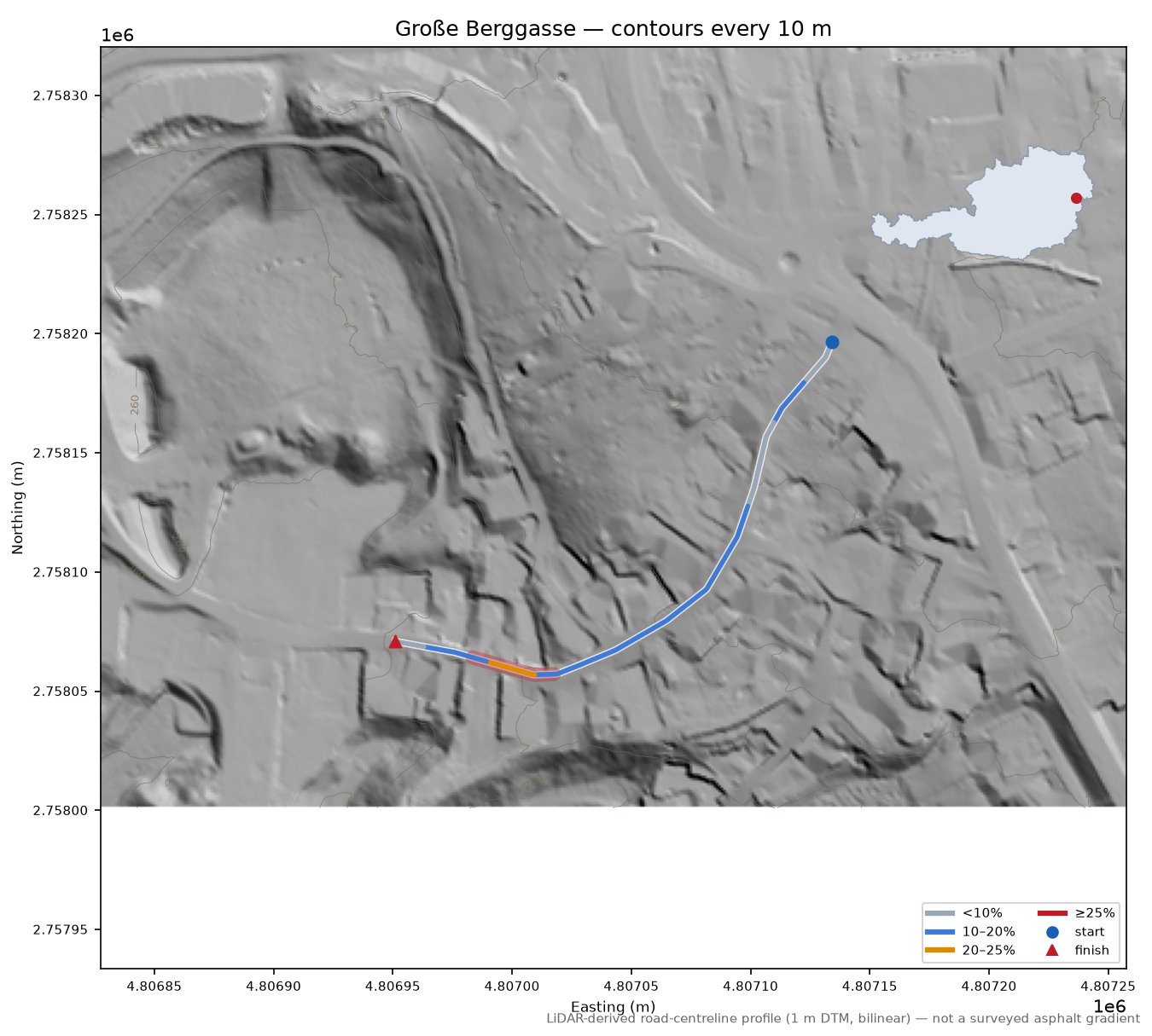 Große Berggasse LiDAR hillshade map with contours